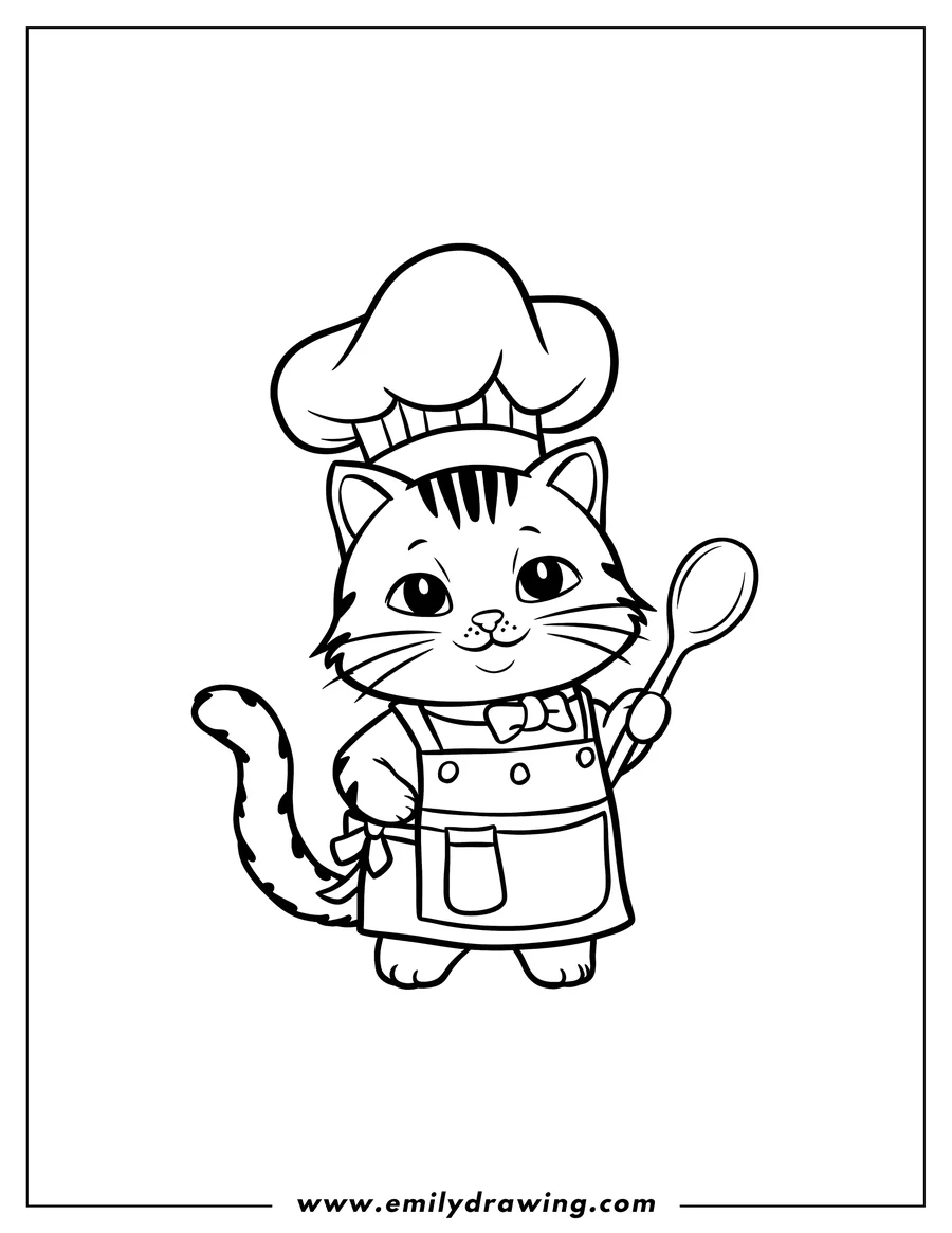 Outline of a cat chef wearing an apron and chef's hat, holding a spoon