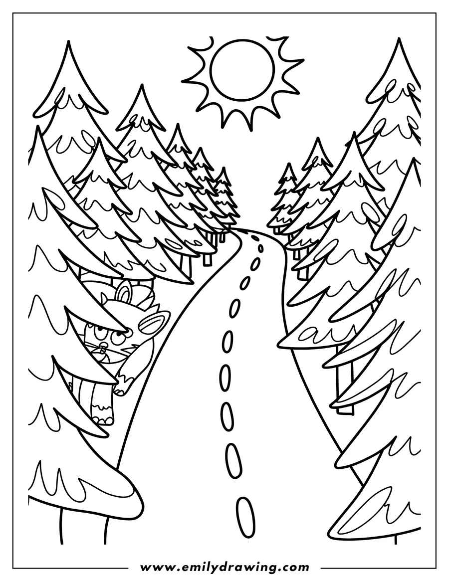 Outline of a cat hiding behind a tree in a forest with a path and sun.