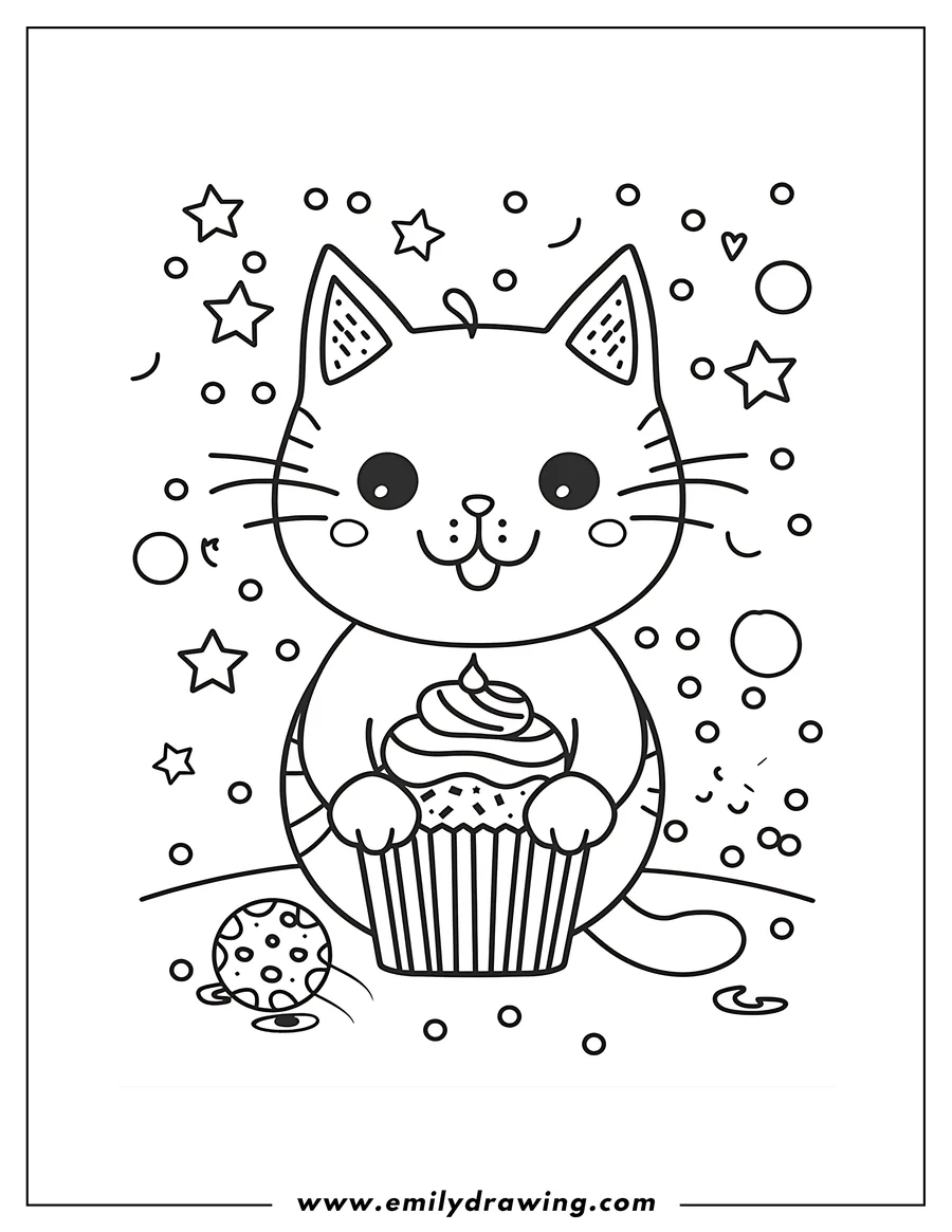 Outline of a happy cat holding a large cupcake with sprinkles and frosting. A decorated cookie lies on the ground beside the cat.