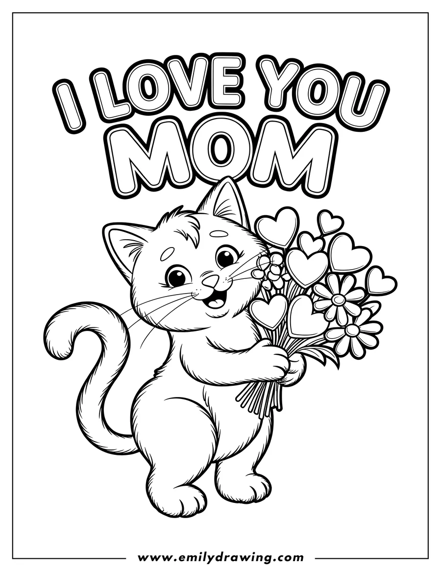 Line art of a cat holding a bouquet of flowers and hearts. The words