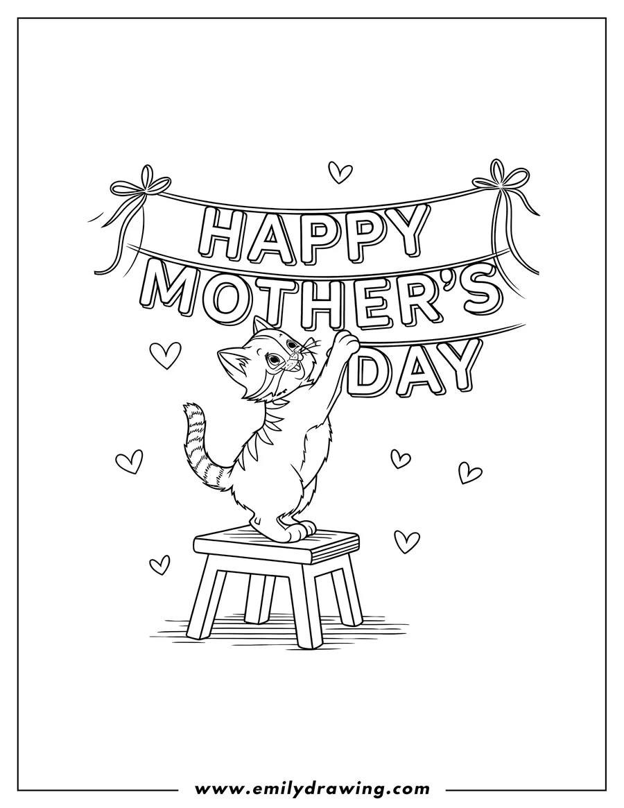 Outline of a cat standing on a small stool, holding a banner that reads 'Happy Mother's Day'.