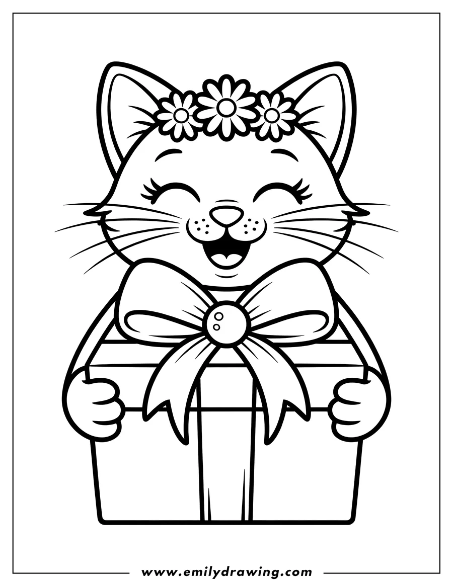 Line art of a happy cat holding a present with a large bow. The cat is wearing a crown of flowers.