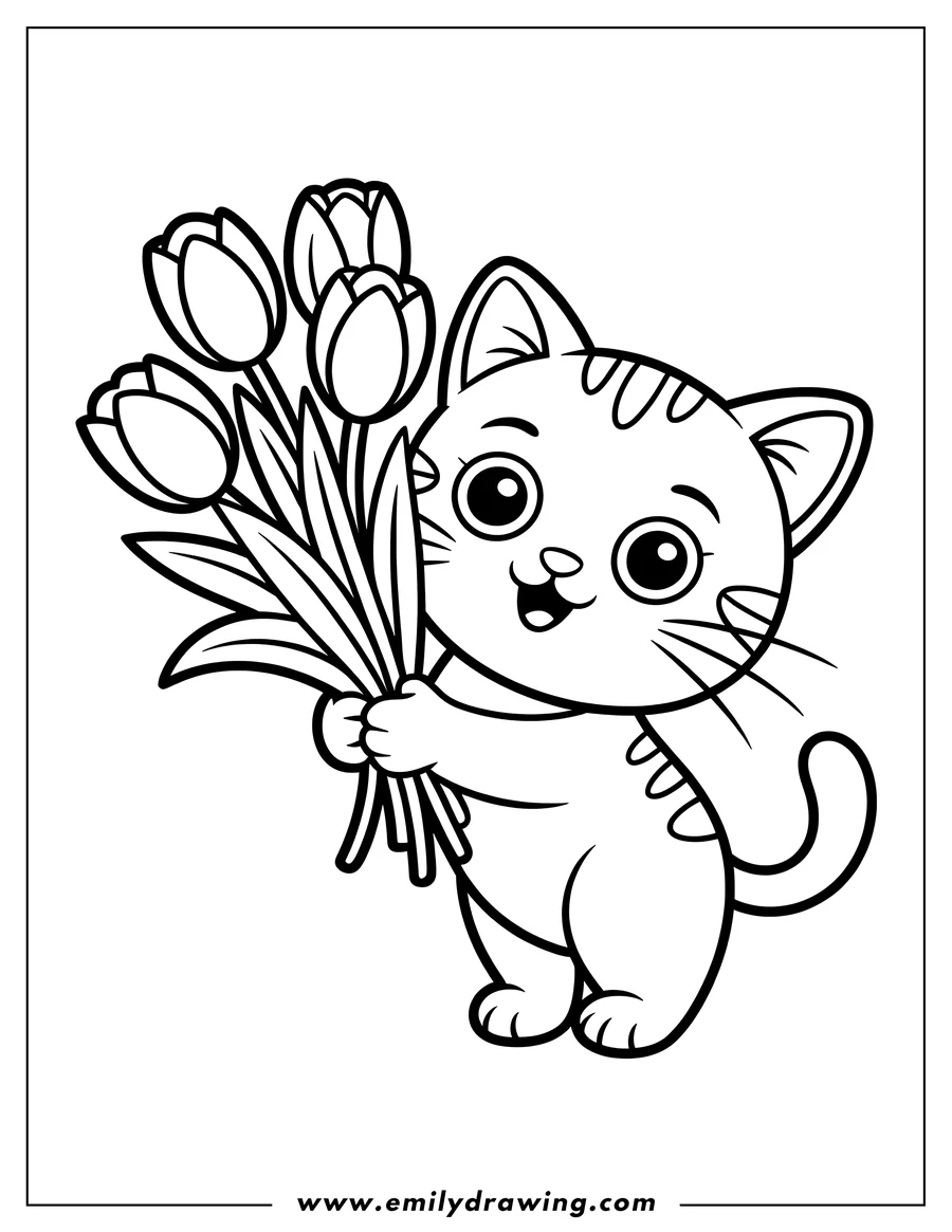 Outline of a cat holding a bouquet of tulips.
