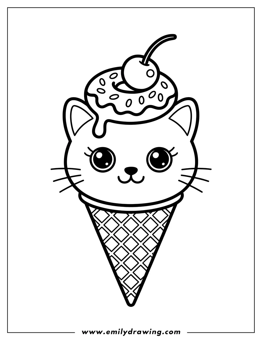 Outline of a cat as an ice cream cone with a donut and a cherry on top.