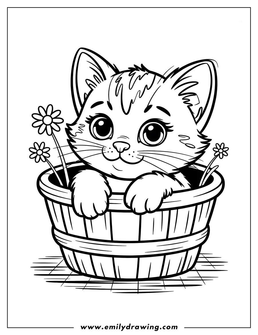 Outline of a cat sitting in a wooden basket with flowers