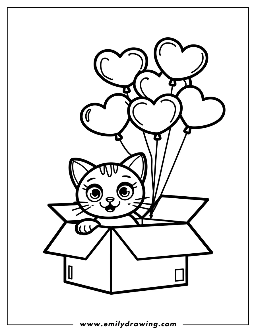 Outline of a cat sitting in a box with heart-shaped balloons tied to it.