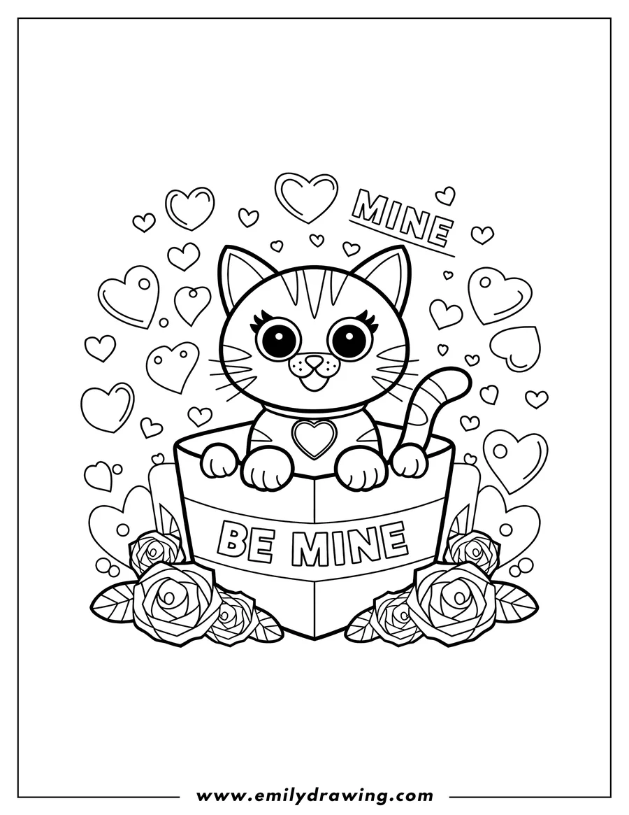 Outline of a cat sitting in a box with the words