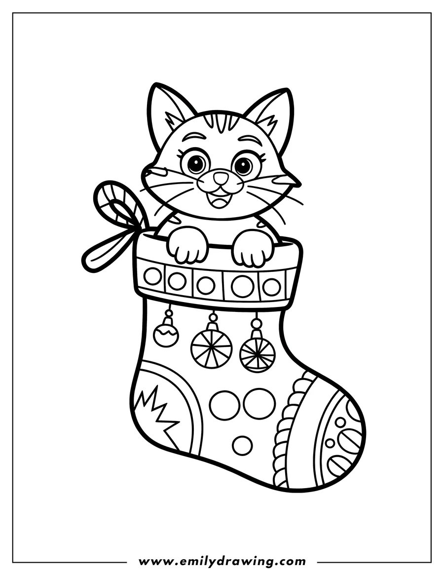 Outline of a cat peeking out of a decorated Christmas stocking.