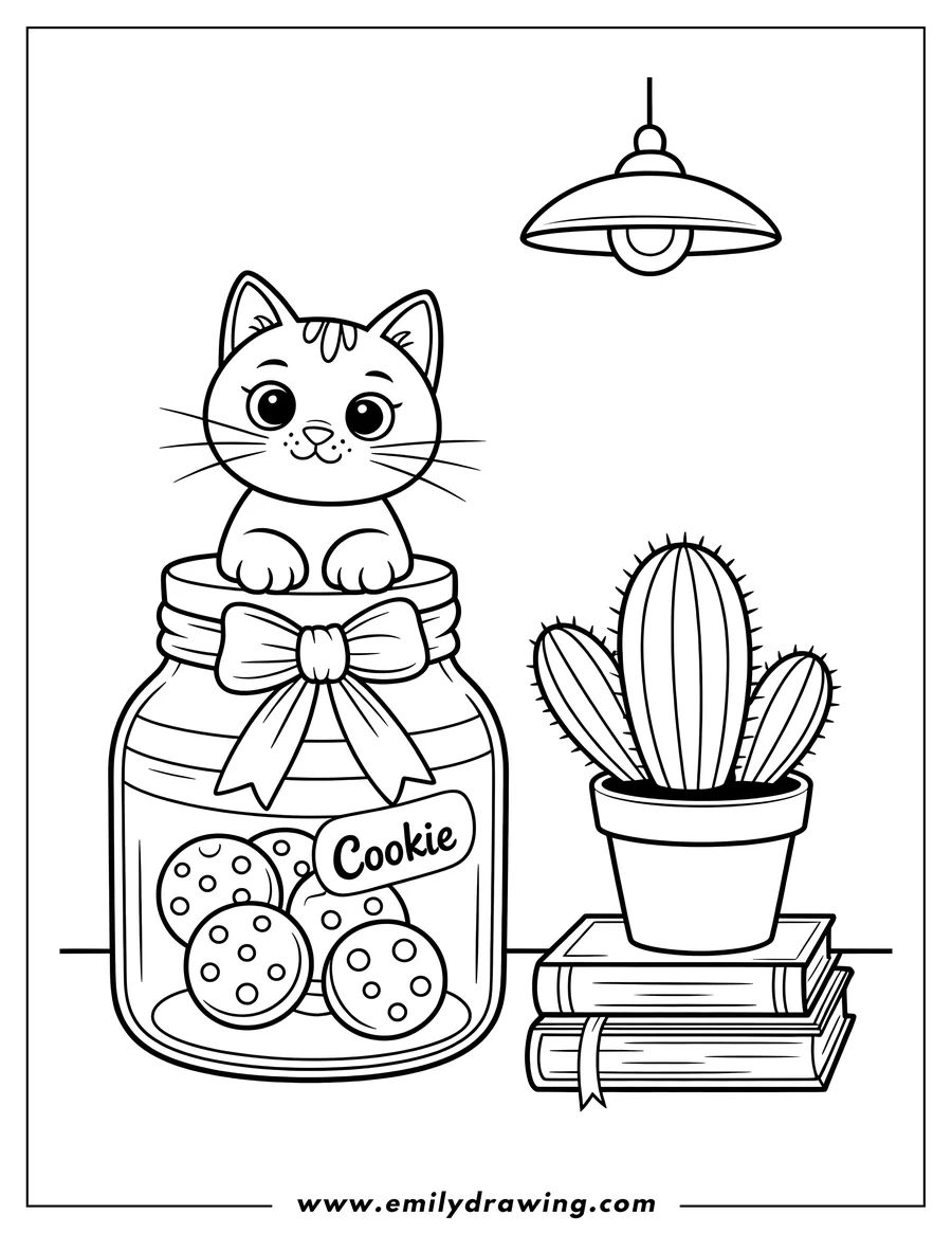 Outline of a cat sitting in a cookie jar, next to a cactus on books.