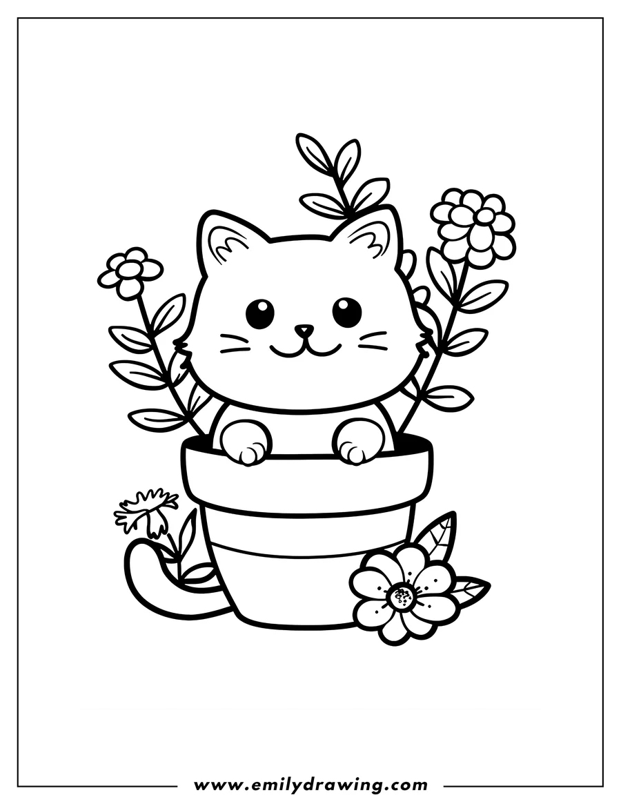 Outline of a cat sitting in a flower pot surrounded by simple flowers.