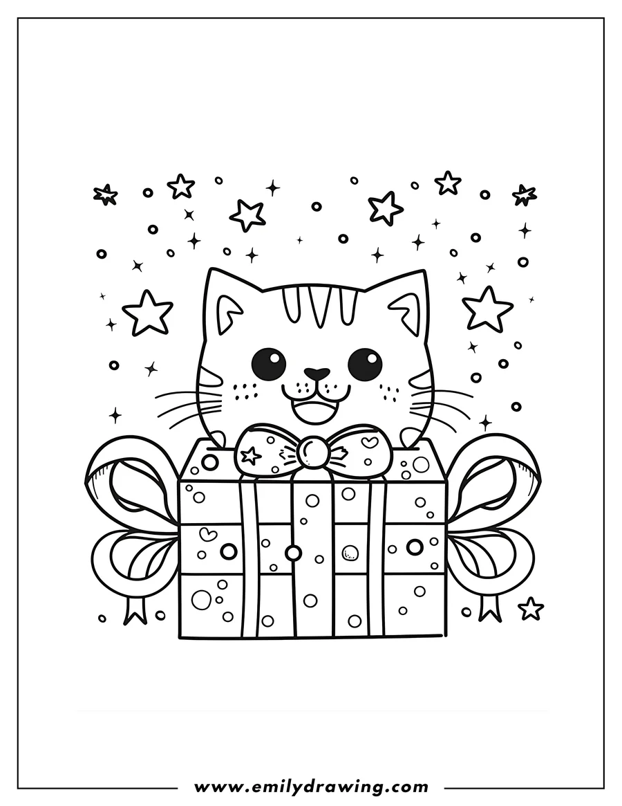Outline of a cat sitting in a gift box, wearing a bow, surrounded by stars and circles.