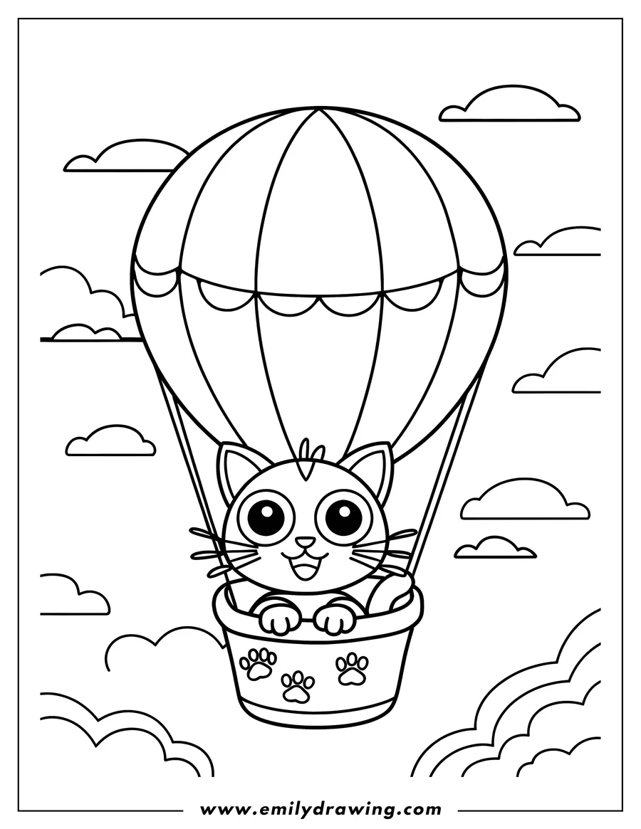 Line art of a cat riding in a hot air balloon basket, surrounded by fluffy clouds.