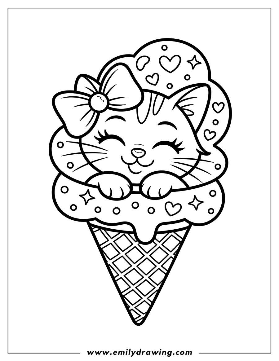 Outline of a cat with a bow sitting in an ice cream cone.
