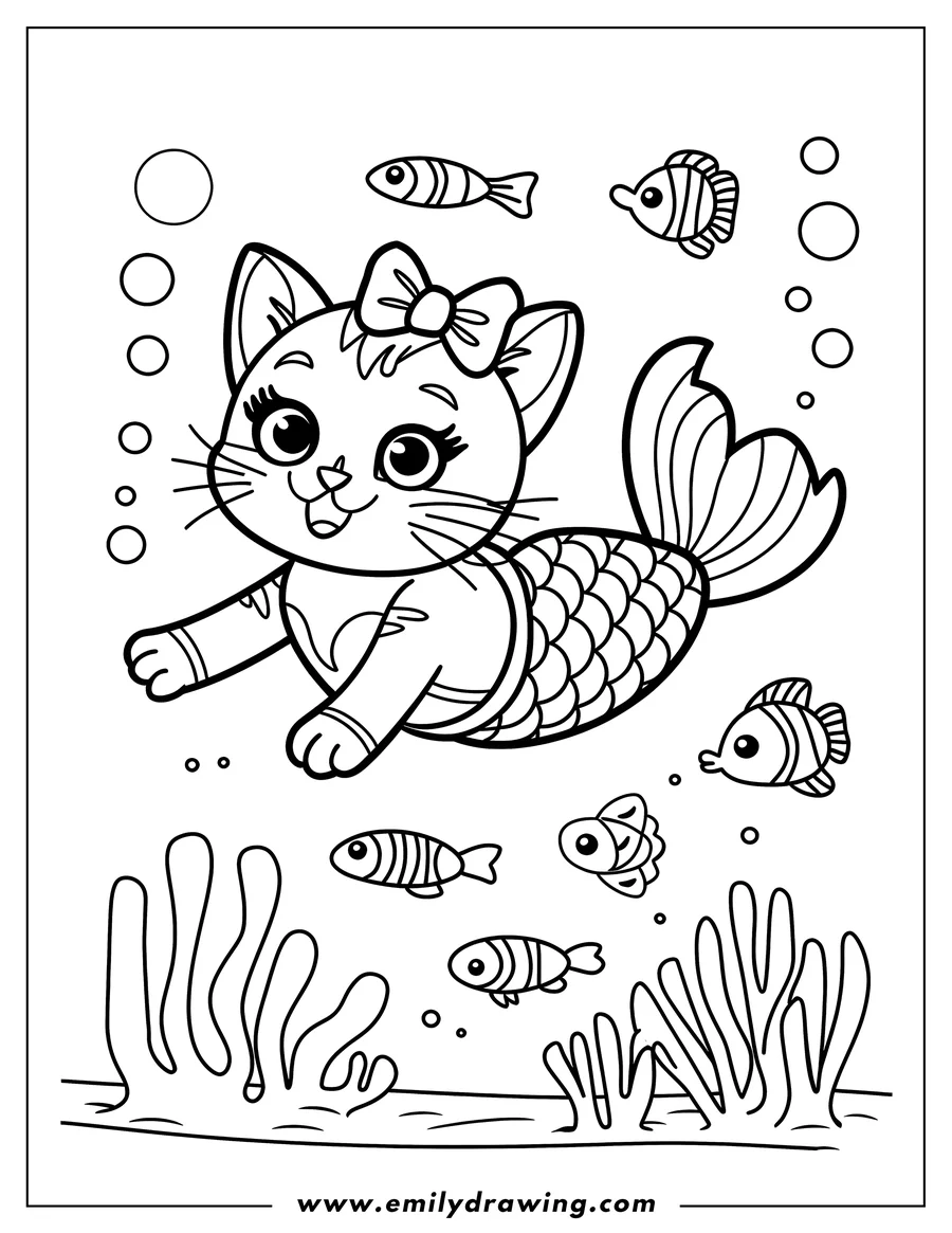 Outline of a cat mermaid swimming underwater surrounded by small fish and seaweed.