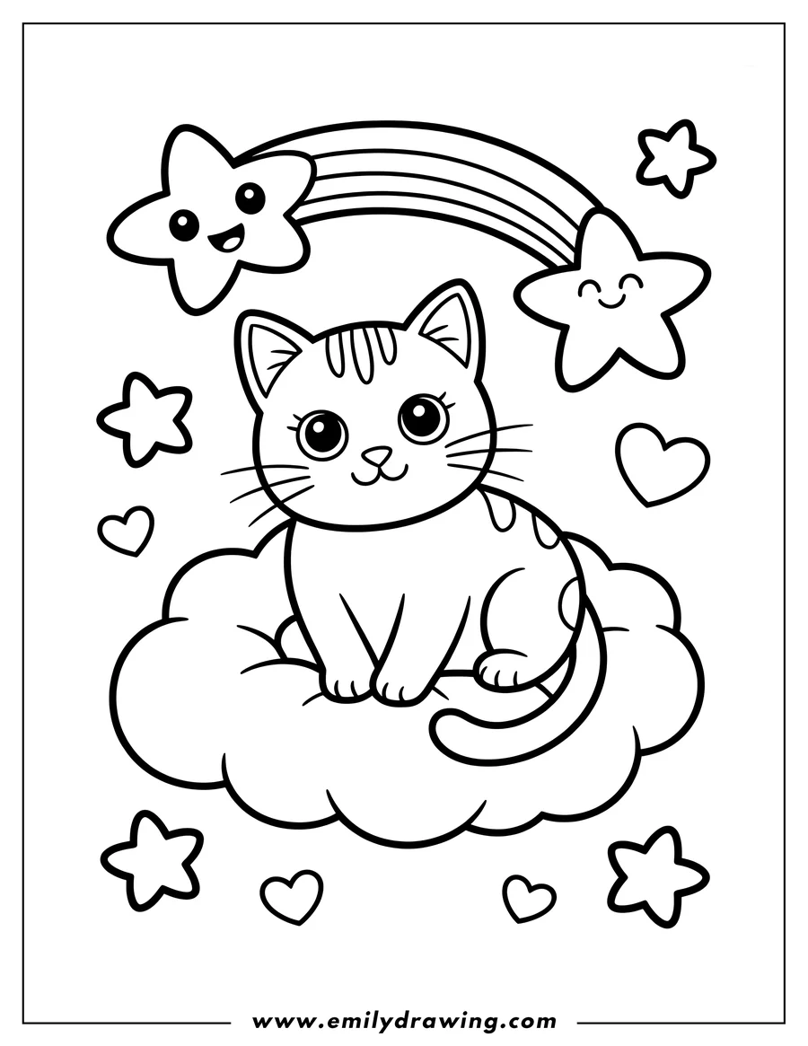 Outline of a cat sitting on a cloud, with a rainbow, stars, and hearts surrounding it.