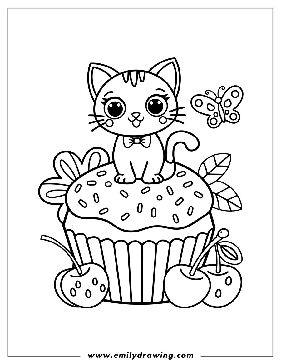 Line art of a cat sitting on a cupcake decorated with sprinkles, cherries, and leaves. A butterfly floats nearby.