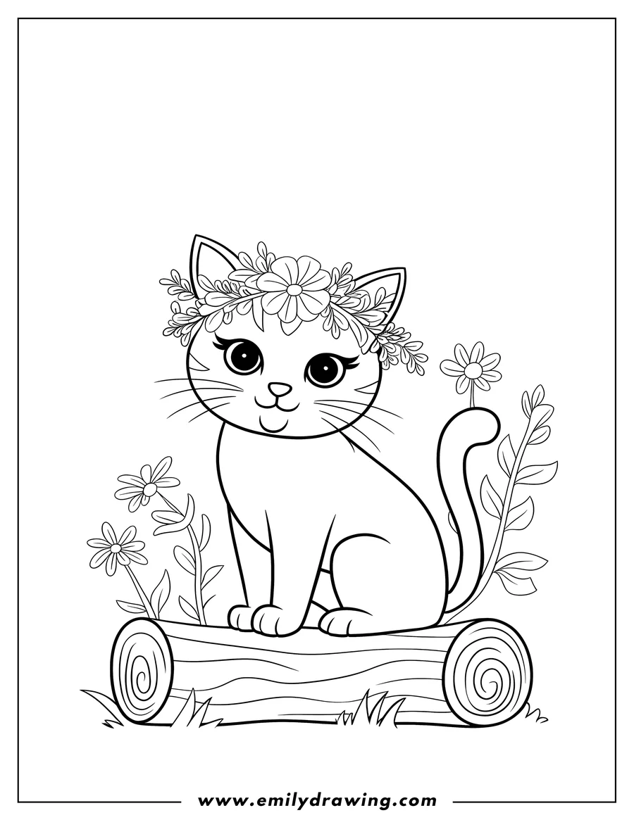 Outline of a cat sitting on a log, wearing a flower crown, with additional flowers and grass around the log.