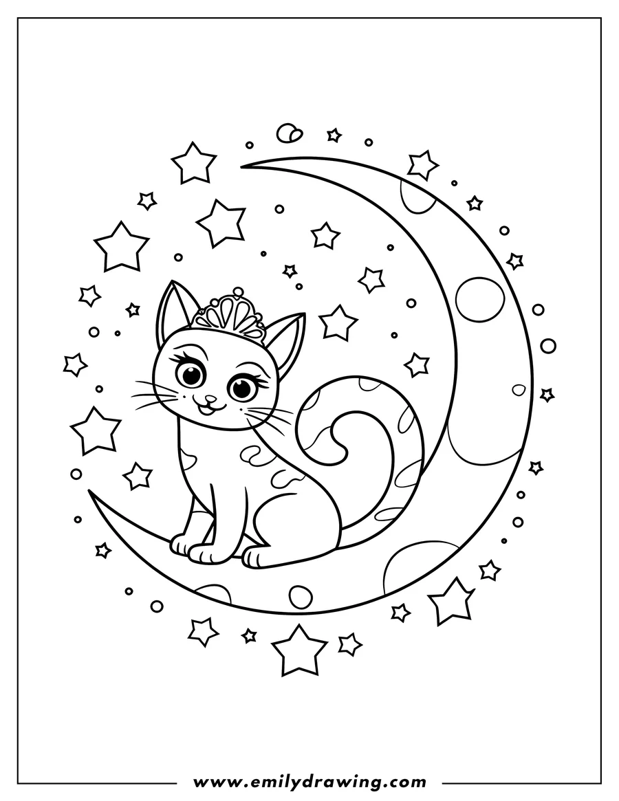 Outline of a cat wearing a crown, sitting on the crescent moon surrounded by stars.