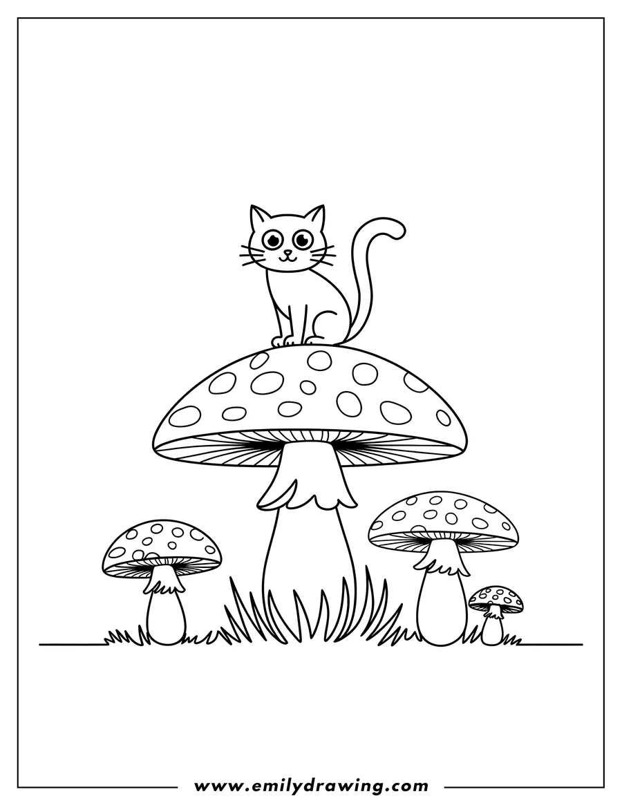 Outline of a cat sitting on a large spotted mushroom, with two smaller mushrooms nearby in the grass.