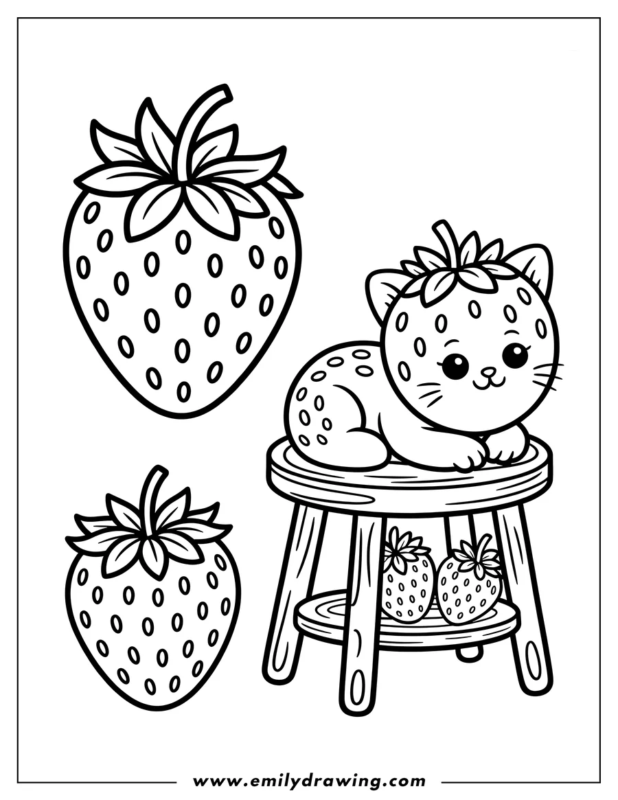 Outline of a cat sitting on a small wooden stool with strawberries underneath and on its head.