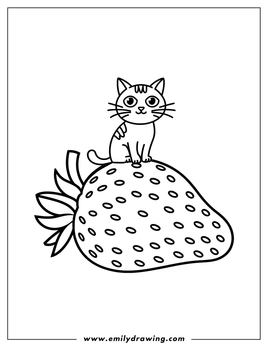 Outline of a cat sitting on top of a large strawberry.