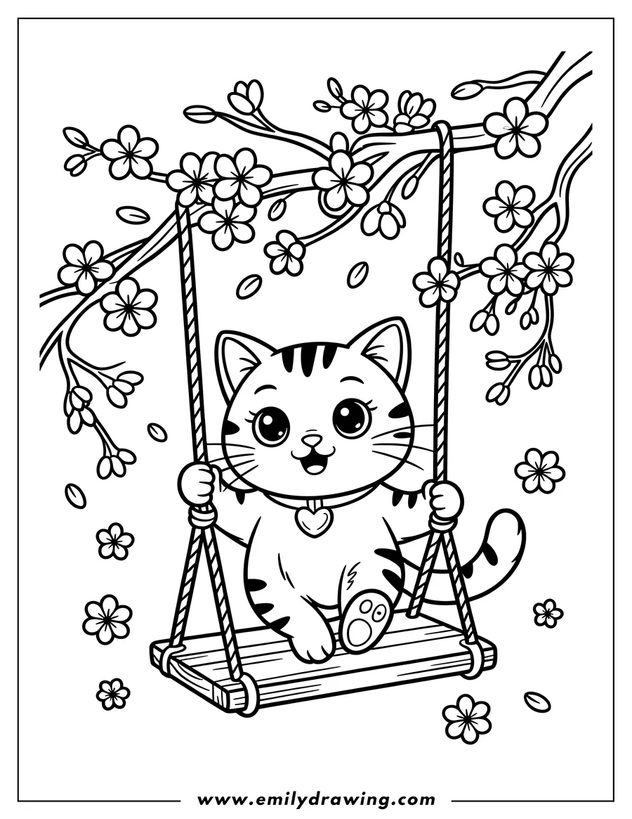 Outline of a cat sitting on a swing hanging from a cherry blossom tree with falling petals.