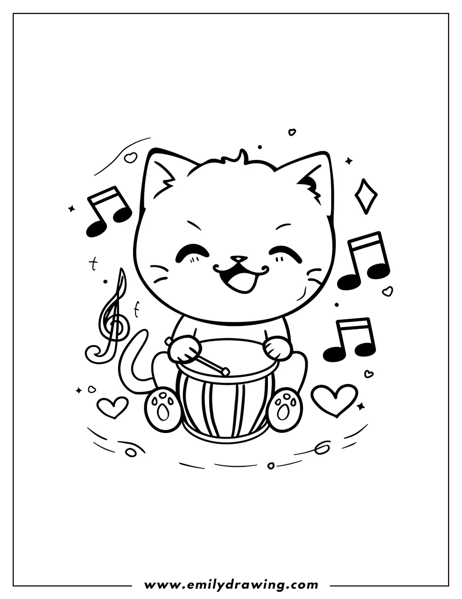 Outline of a happy cat playing the drums, surrounded by musical notes, hearts, and sparkles.