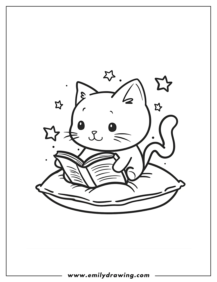 Outline of a cat sitting on a pillow and reading a book, surrounded by small stars.
