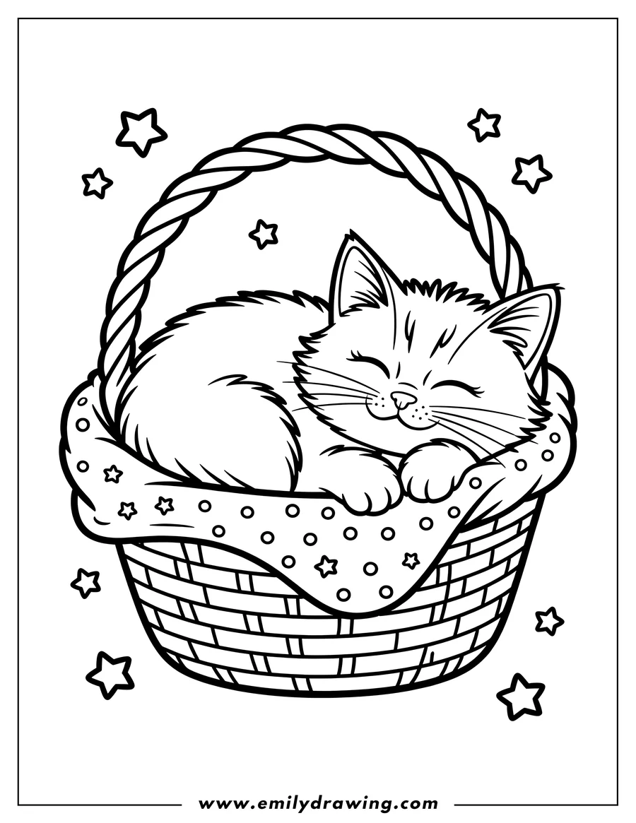 Outline of a cat sleeping in a basket. The cat is curled up and looks peaceful. The basket is woven and has a soft blanket inside. Stars decorate the background.