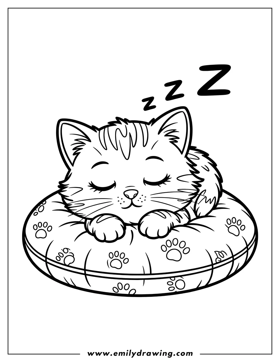 Outline of a cat sleeping soundly on a round pillow decorated with paw prints. Zzz's float above the cat's head.