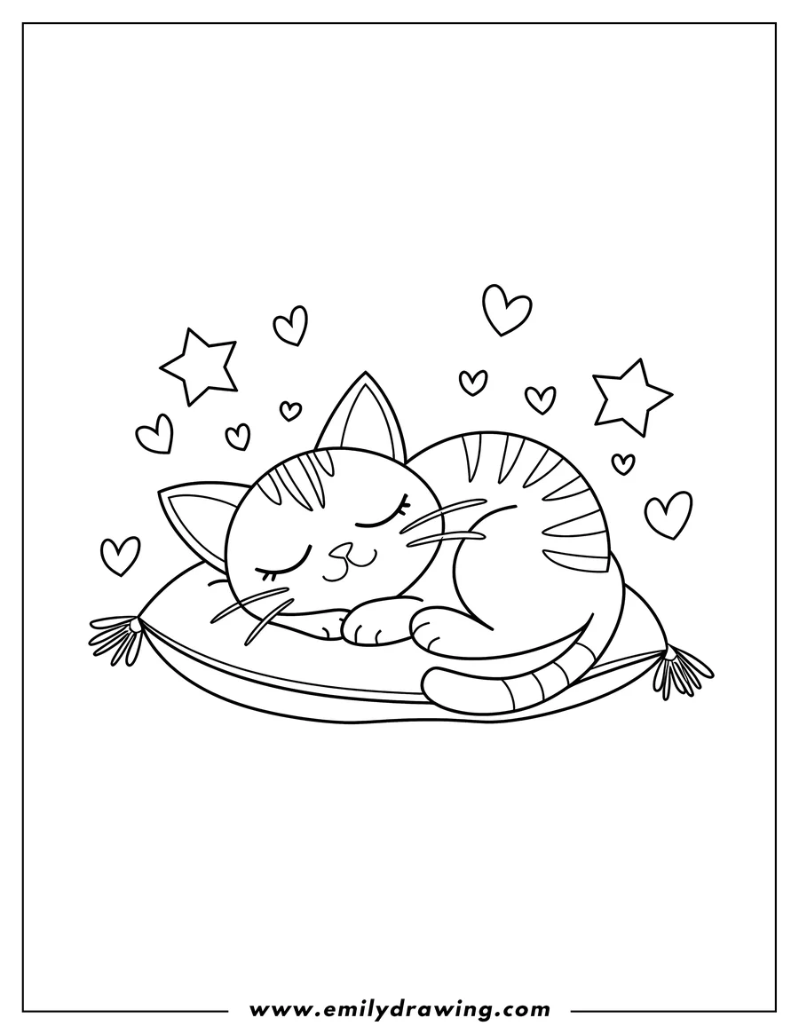 Outline of a cat sleeping soundly on a pillow, surrounded by hearts and stars.