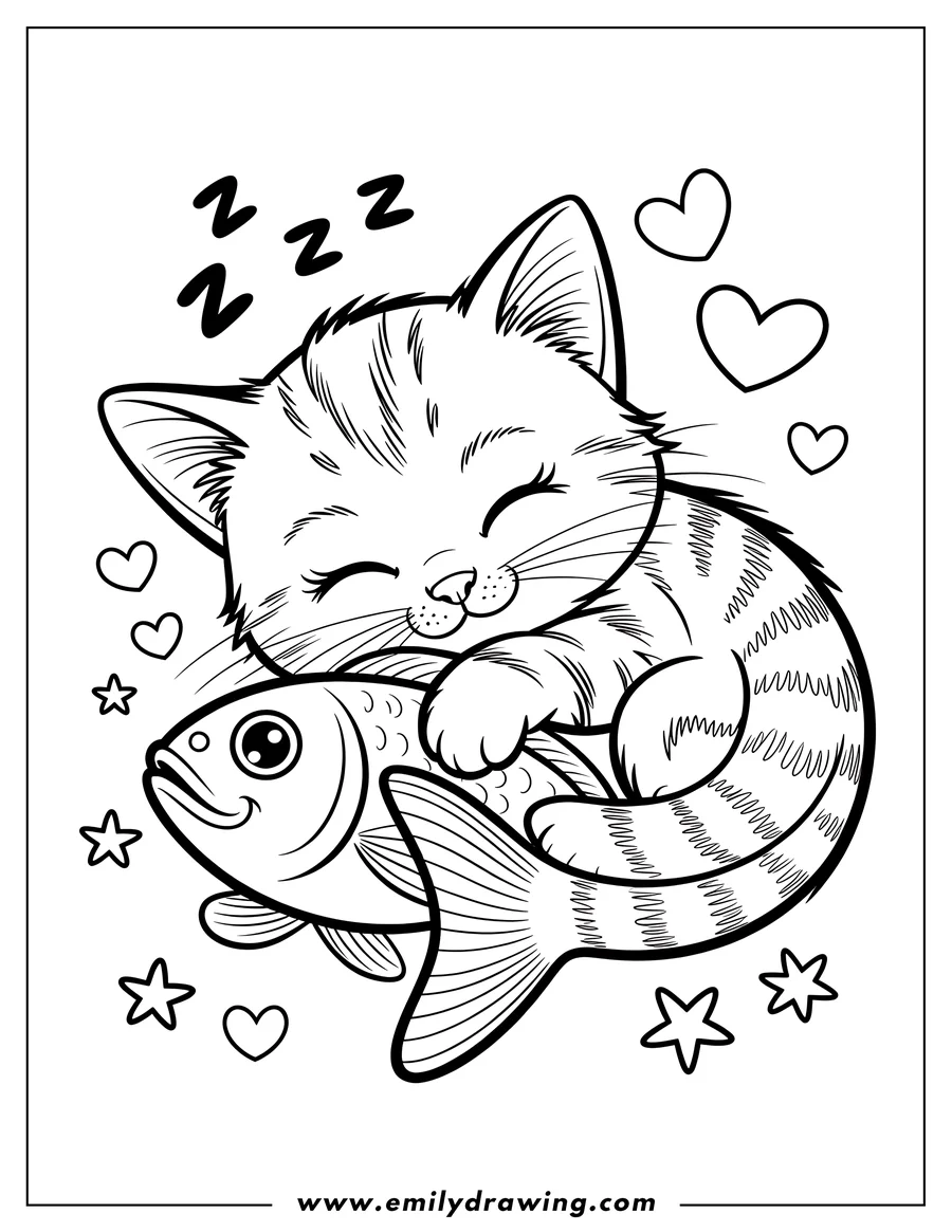 Outline of a sleeping cat cuddling a fish, surrounded by hearts and stars.