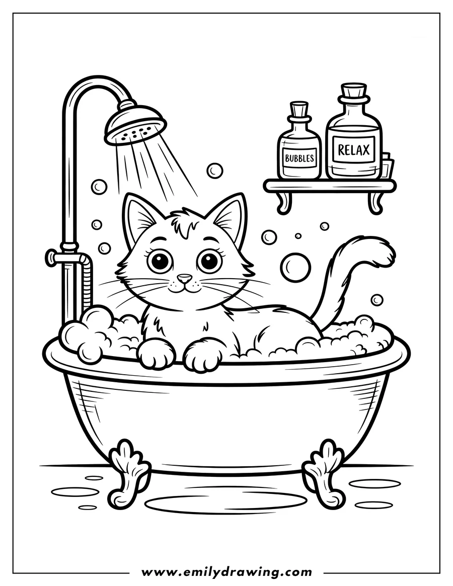 Outline of a cat enjoying a bath in a bathtub, surrounded by bubbles, with bottles labeled 'Bubbles' and 'Relax' on a shelf above.