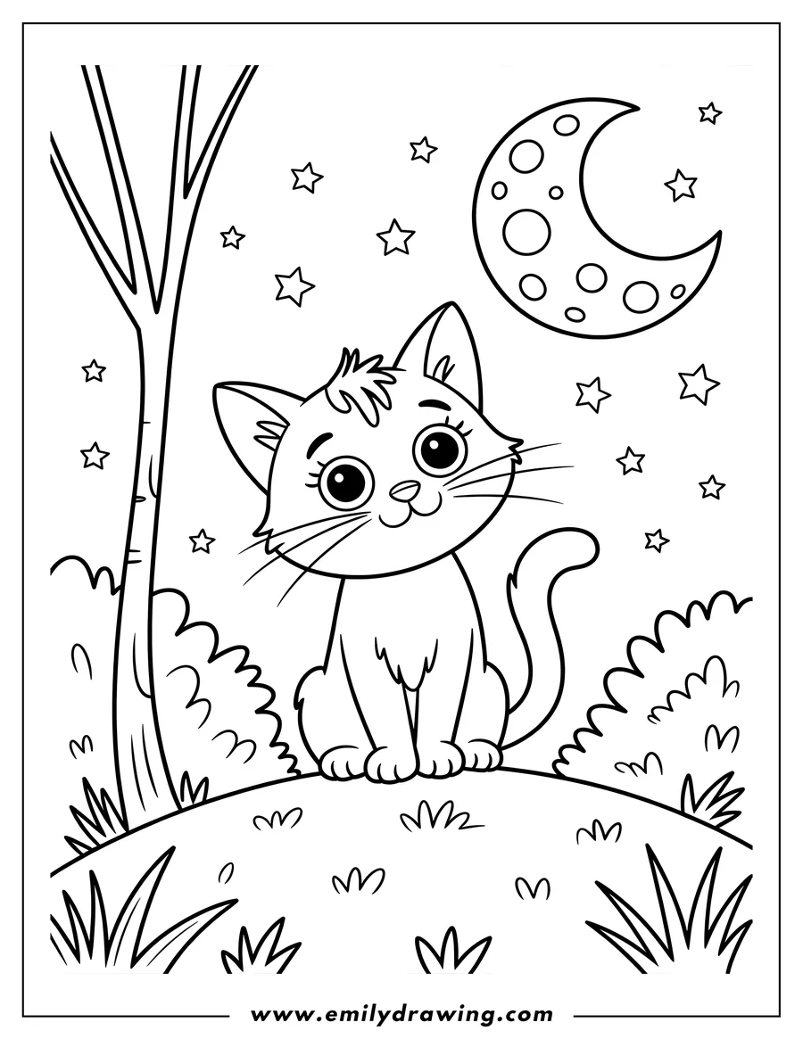 Outline of a cat sitting on a grassy hill under a crescent moon and stars, with a stylized tree to one side.