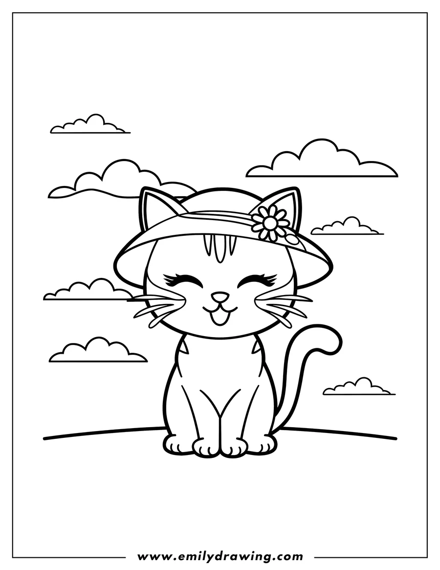 Outline of a cat wearing a sun hat with a flower on it, sitting in a field with clouds in the background.