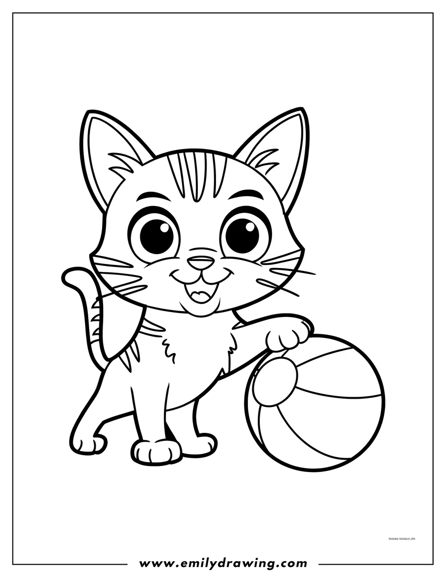 Outline of a happy cat playing with a beach ball.