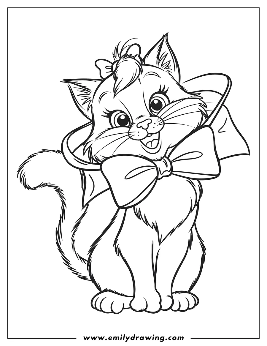 Outline of a cat sitting with a large bow around its neck and a smaller bow on its head.