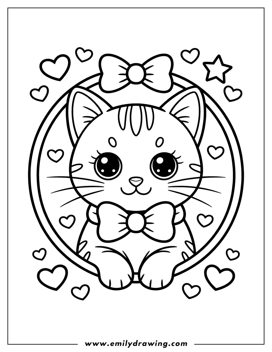 Outline of a cat wearing a bow tie and a bow on its head, surrounded by hearts and a star.