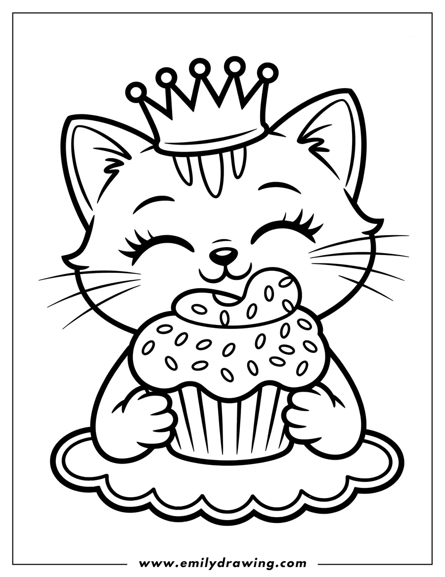 Outline of a cat wearing a crown and holding a cupcake