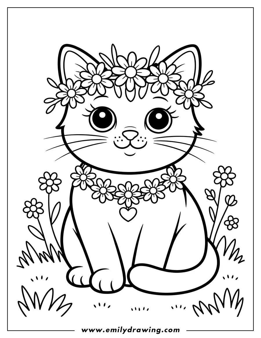Outline of a cat wearing a crown of daisies and a daisy necklace with a heart charm, sitting in the grass with small flowers around it.
