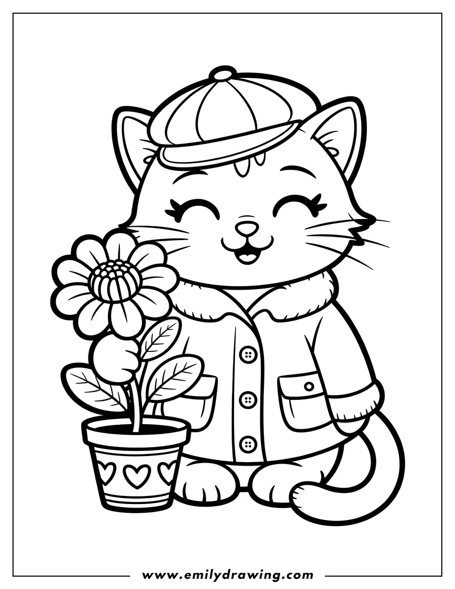 Outline of a cat wearing a jacket and hat, holding a potted flower.