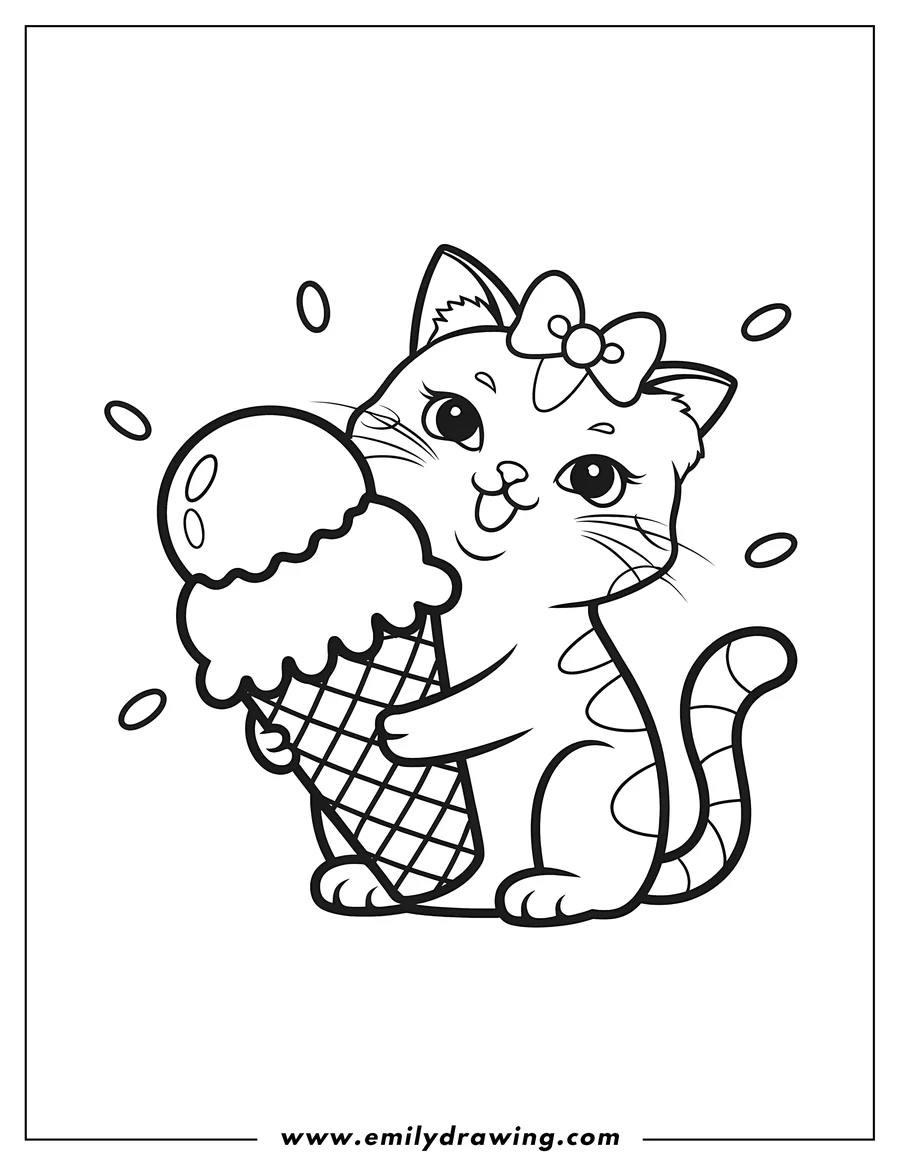 Outline of a cat holding a large ice cream cone. The cat has a bow on its head.