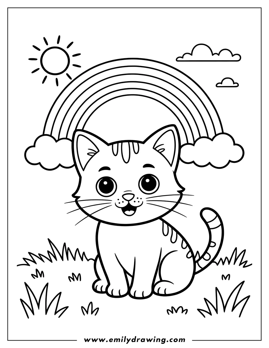 Line art of a cat sitting in grass with a rainbow, sun, and clouds overhead.