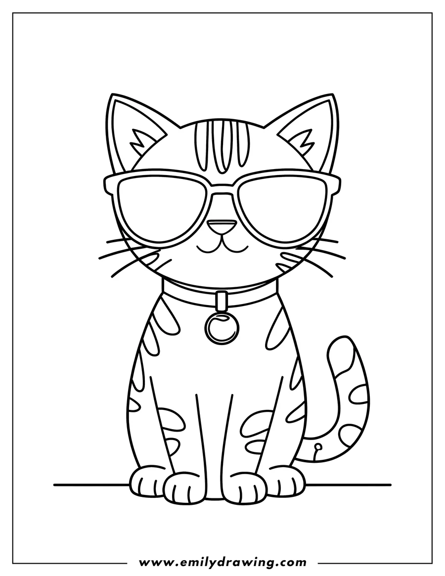 Outline of a cat wearing sunglasses and a collar with a tag.