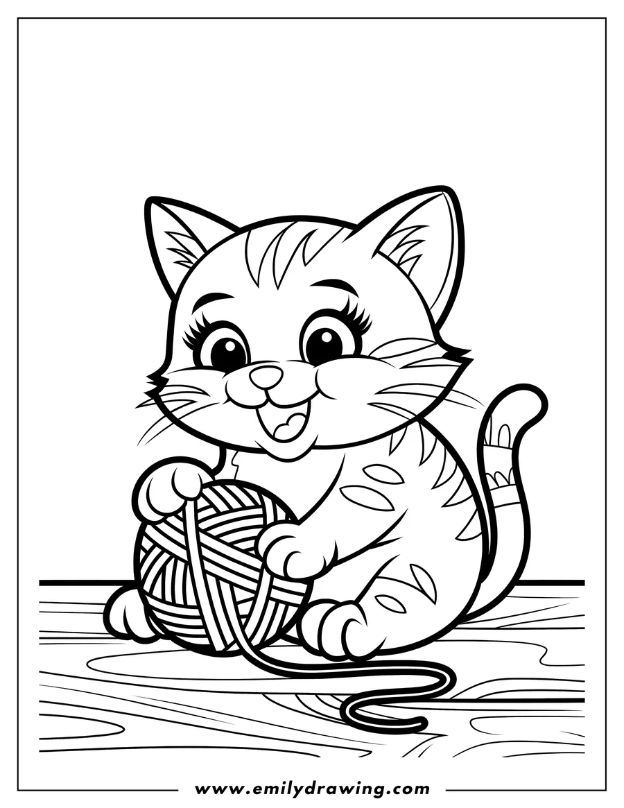 Line art of a playful cat sitting with a ball of yarn on a wooden floor.