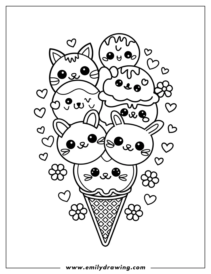 Line art of a whimsical ice cream cone topped with cute cats and scoops of ice cream, decorated with small hearts and flowers.