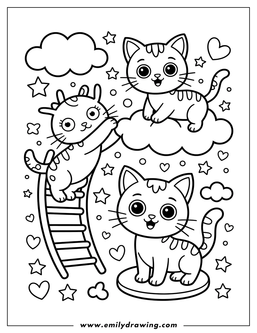 Outline of three playful cats. One cat sits on a cloud, another climbs a ladder, and the third stands on a small circle. Hearts and stars decorate the background.