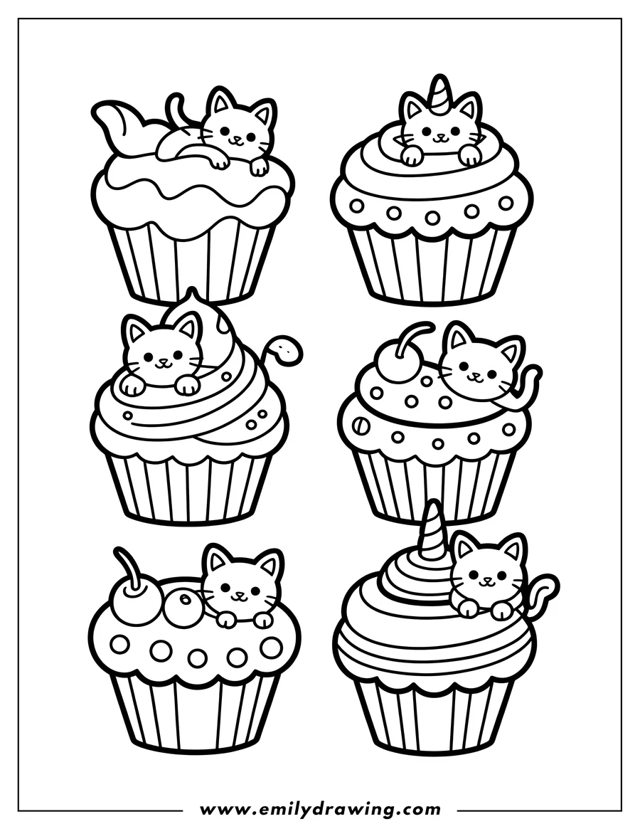Outline of six cats sitting on decorated cupcakes. Some cats have unicorn horns. The cupcakes have various frosting designs and toppings like cherries.