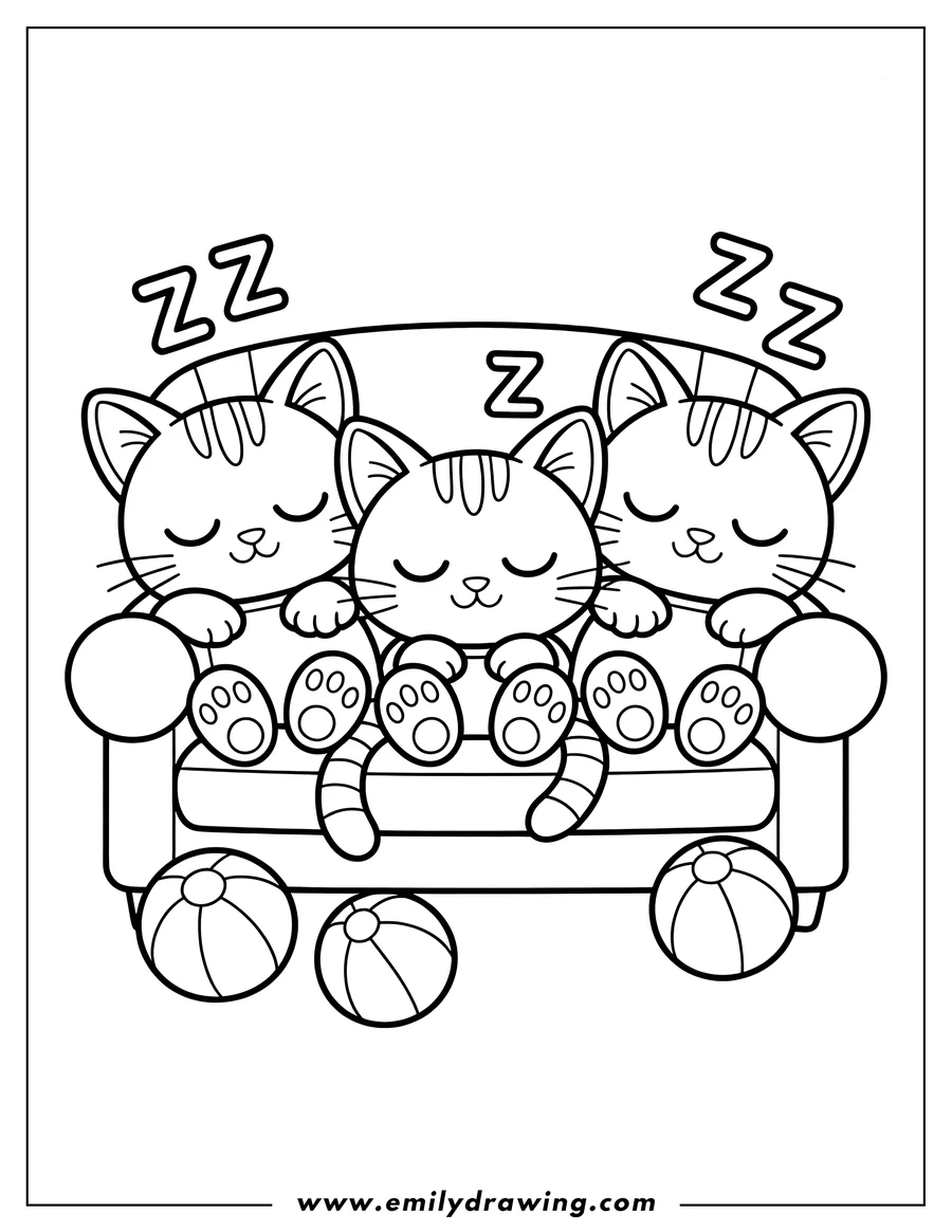 Outline of three cats sleeping soundly on a couch, with beach balls resting on the floor nearby.
