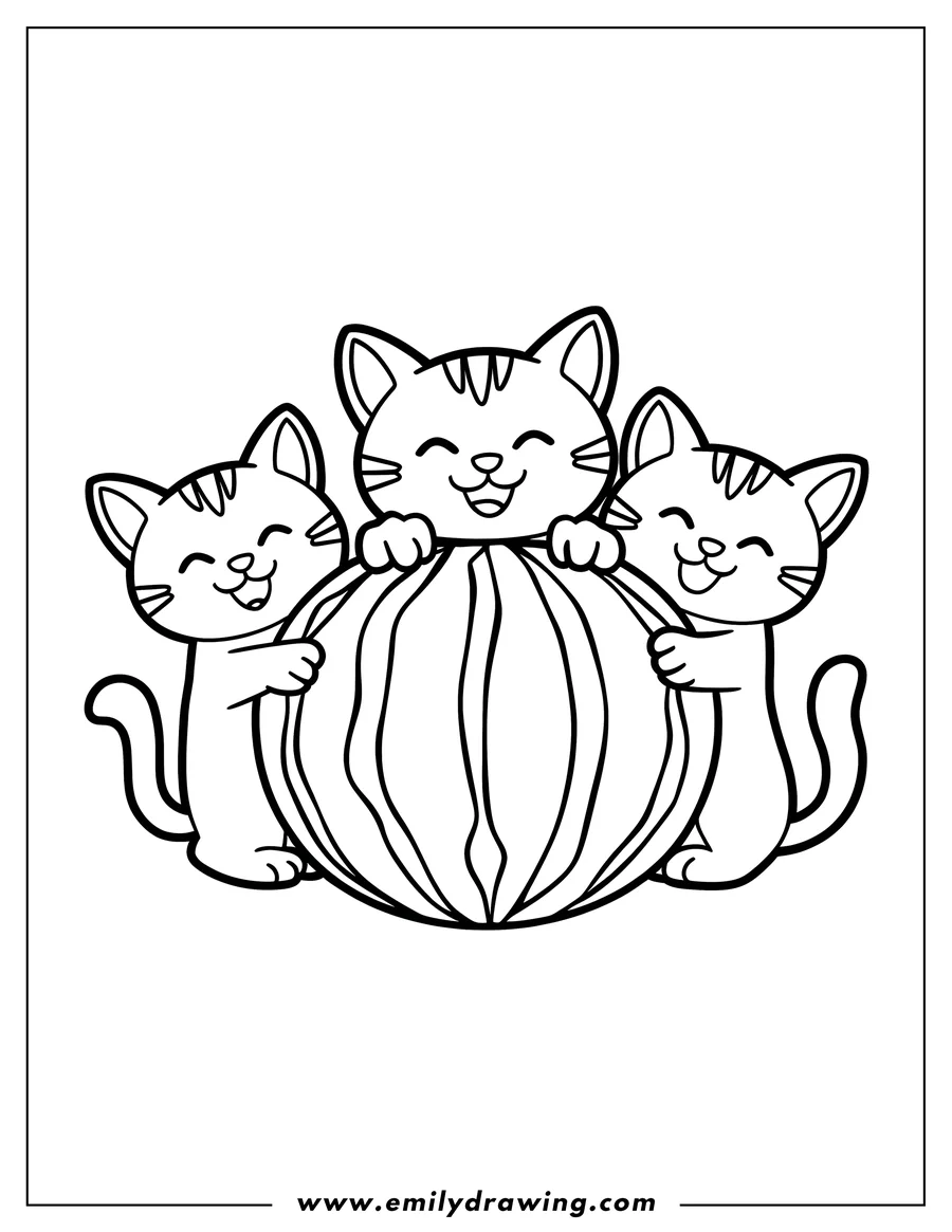 Three cats hugging a large watermelon. This is line art meant for a coloring page.